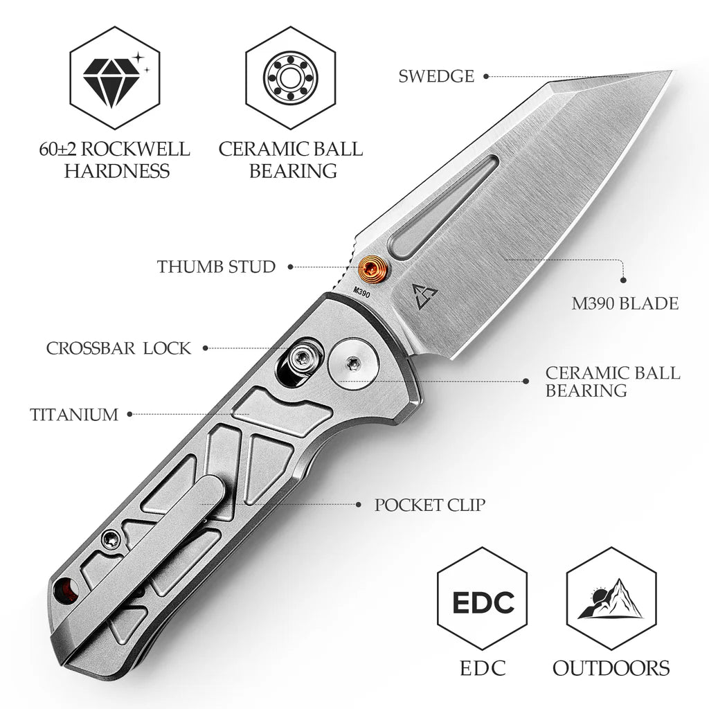 Trivisa Skarn Crossbar Lock EDC Folding Pocket Knife,2.9'' M390 Steel Blade, Titanium Handle