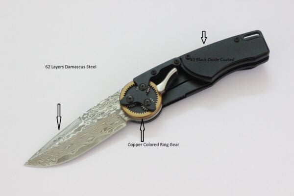 Mantis Gear Head 2027 DP EDC — Damascus Blade, Drop Point, Black Oxide Hard‑Coat 6061 Aluminum Handles, Liner Lock Folding Knife