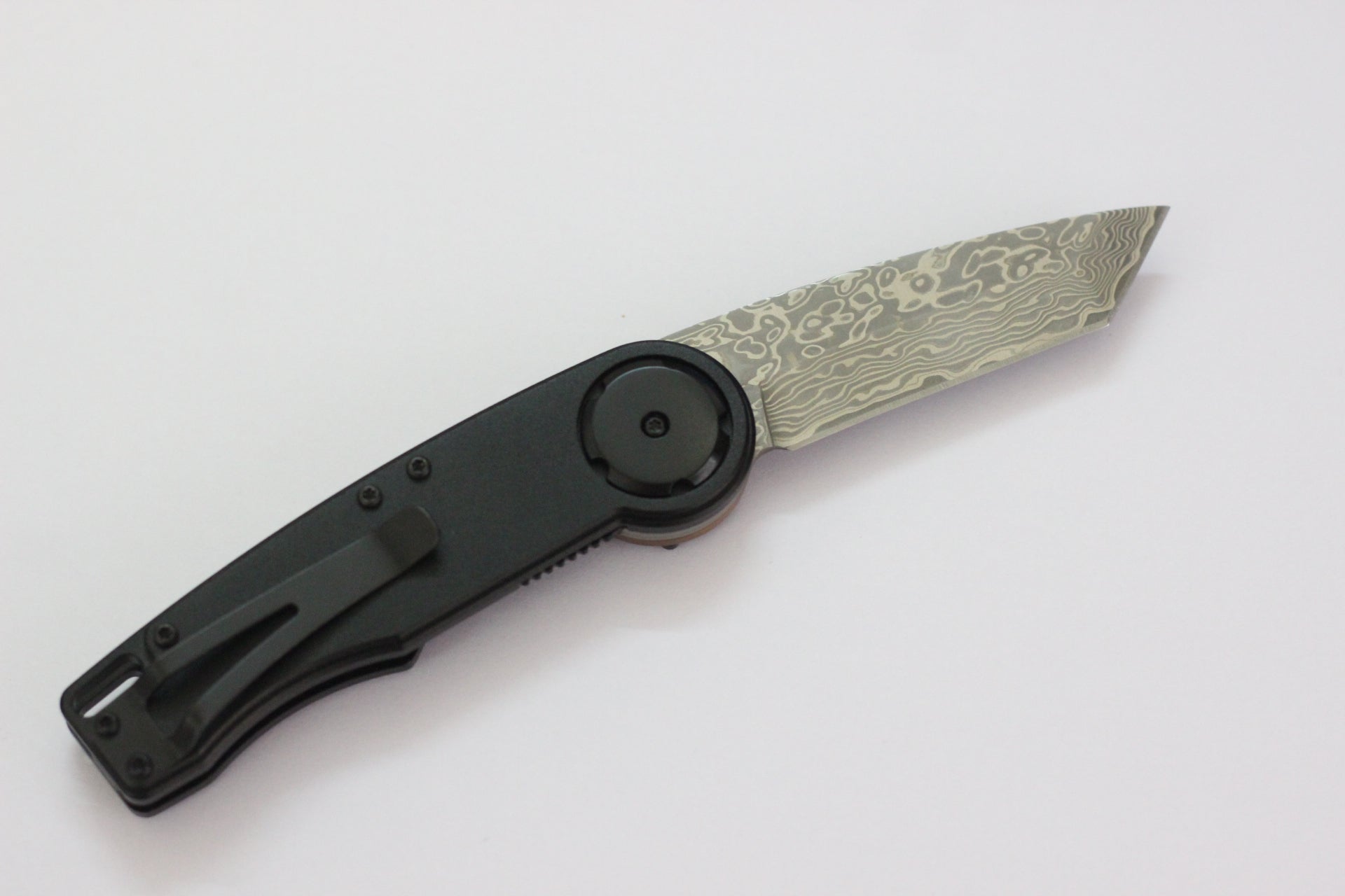 Mantis GH 2027 T EDC — Damascus Tanto Blade, Black Oxide Hard Coat 6061 Aluminum Handles, Liner Lock Folding Knife