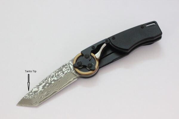 Mantis GH 2027 T EDC — Damascus Tanto Blade, Black Oxide Hard Coat 6061 Aluminum Handles, Liner Lock Folding Knife