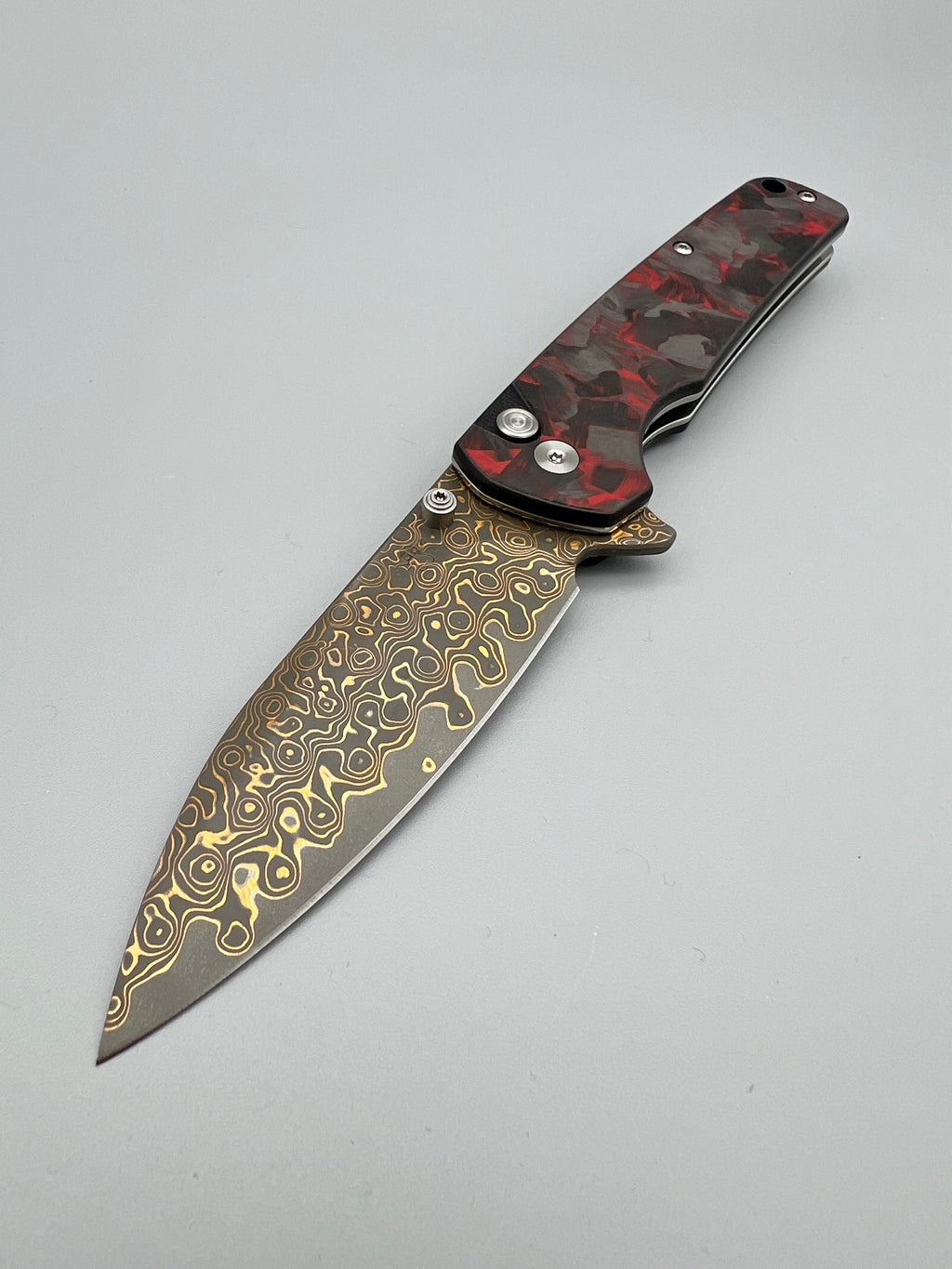 KLAKEN Copper Damascus Button Lock Carbon Fiber Handle J380-C
