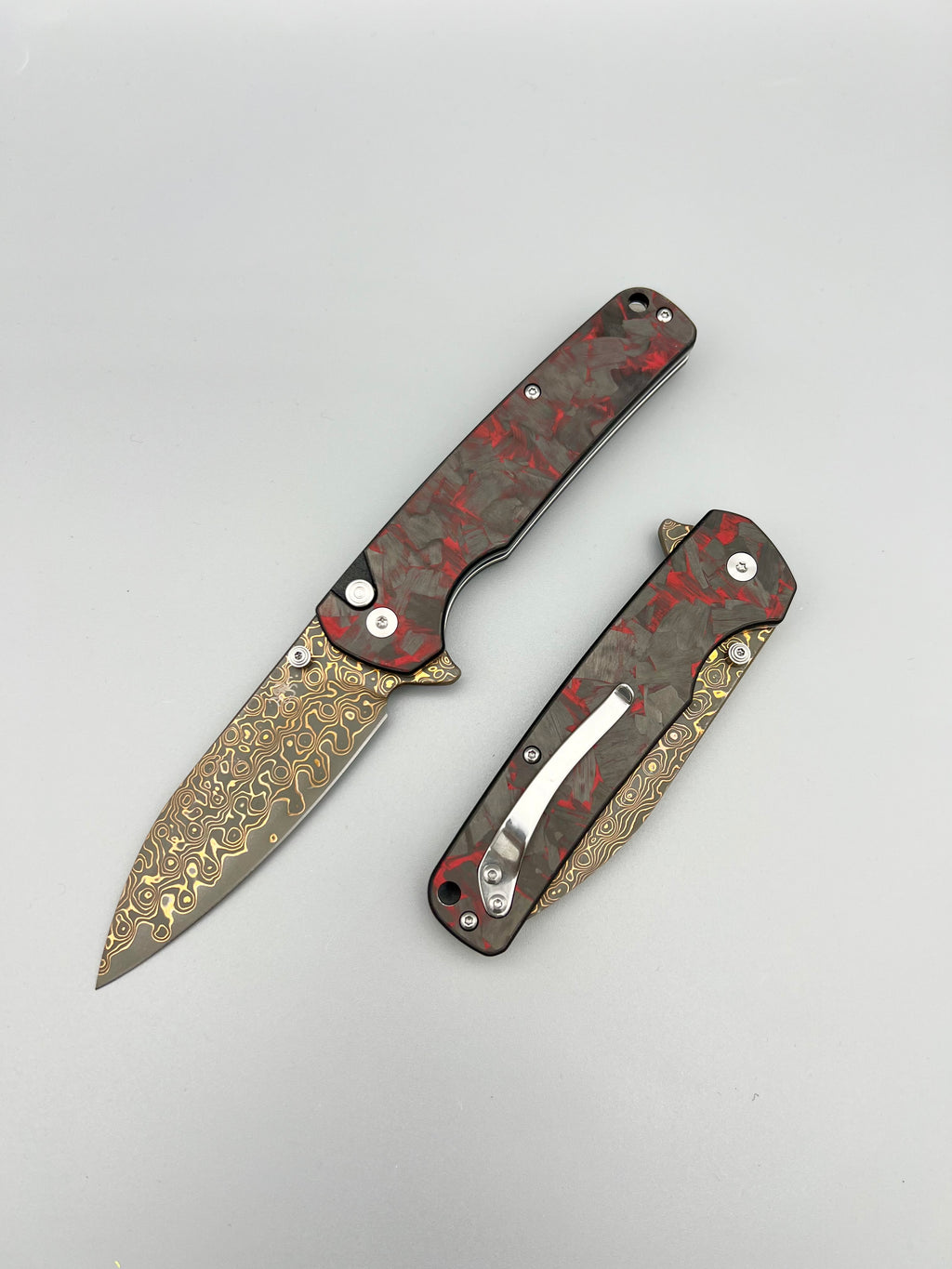 KLAKEN Copper Damascus Button Lock Carbon Fiber Handle J380-C