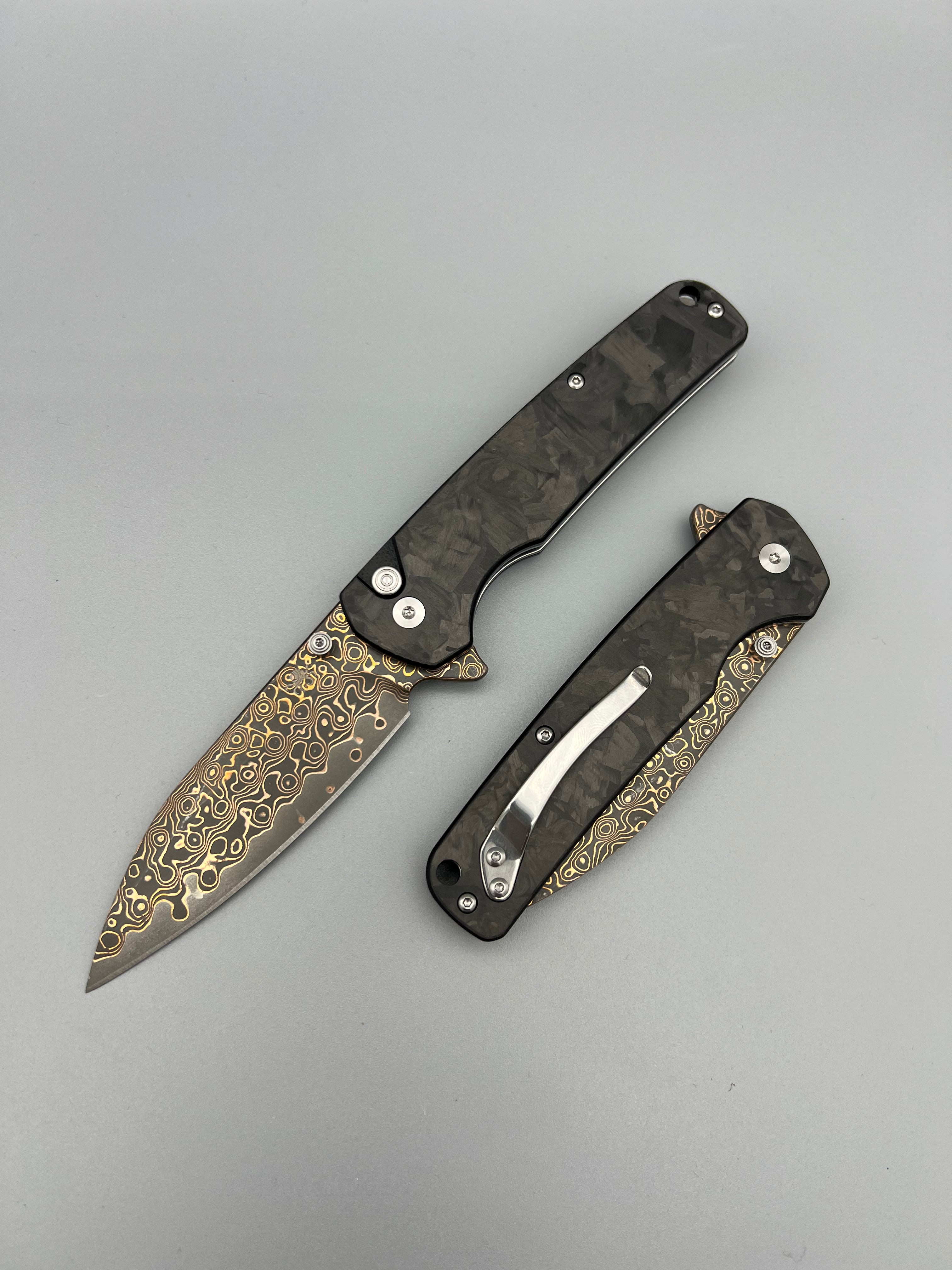 KLAKEN Copper Damascus Button Lock Carbon Fiber Handle J380-C