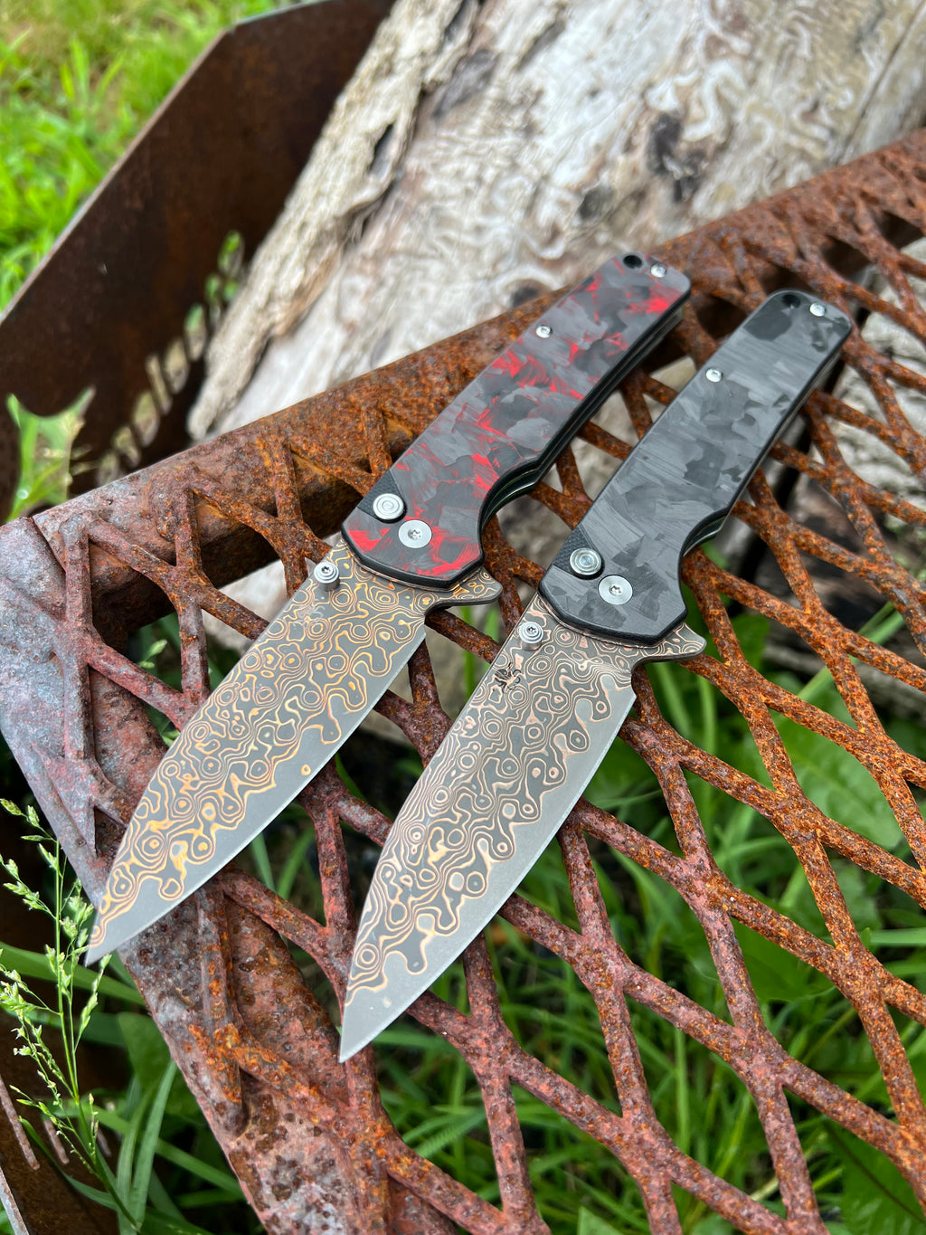 KLAKEN Copper Damascus Button Lock Carbon Fiber Handle J380-C