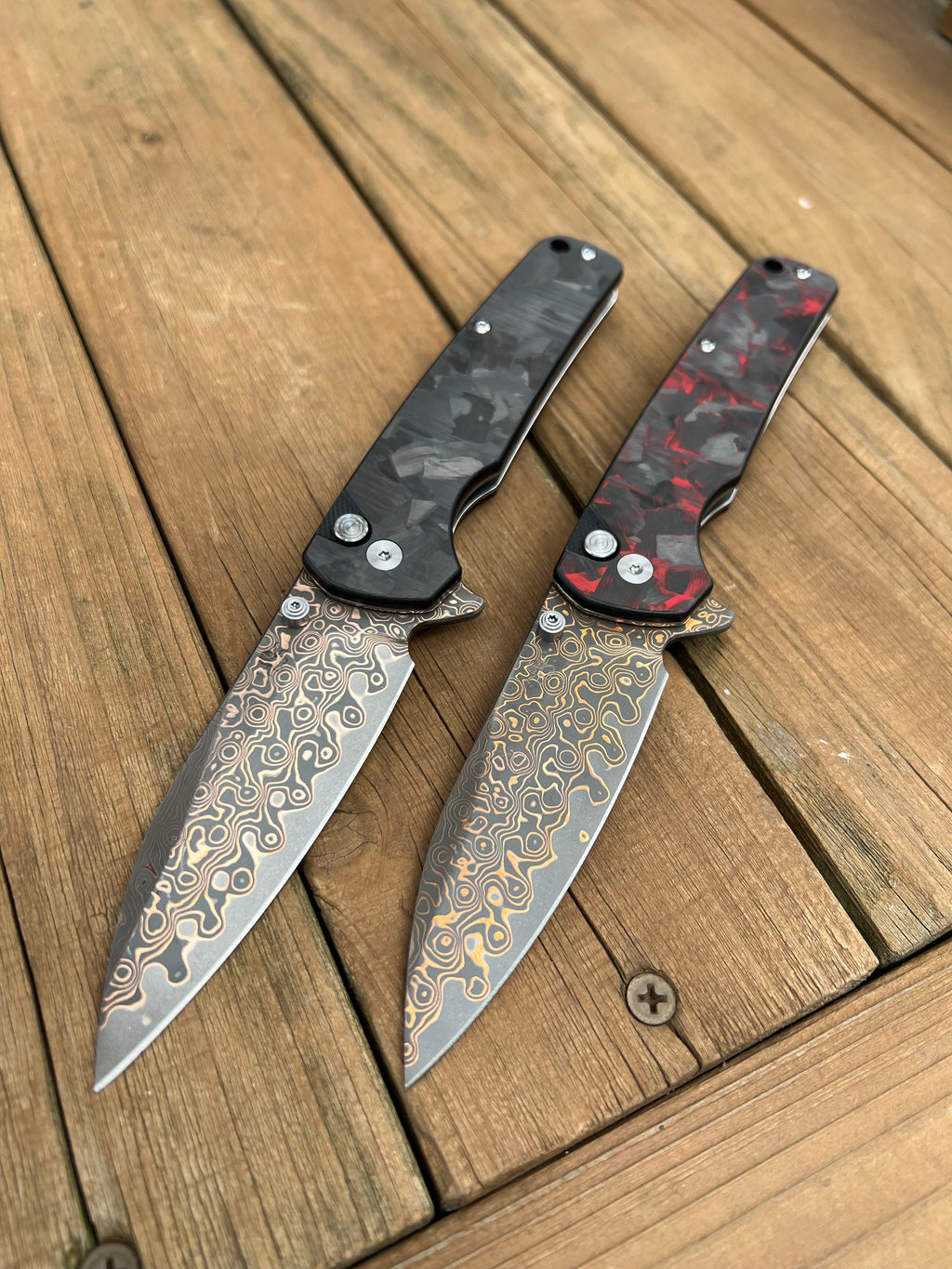 KLAKEN Copper Damascus Button Lock Carbon Fiber Handle J380-C