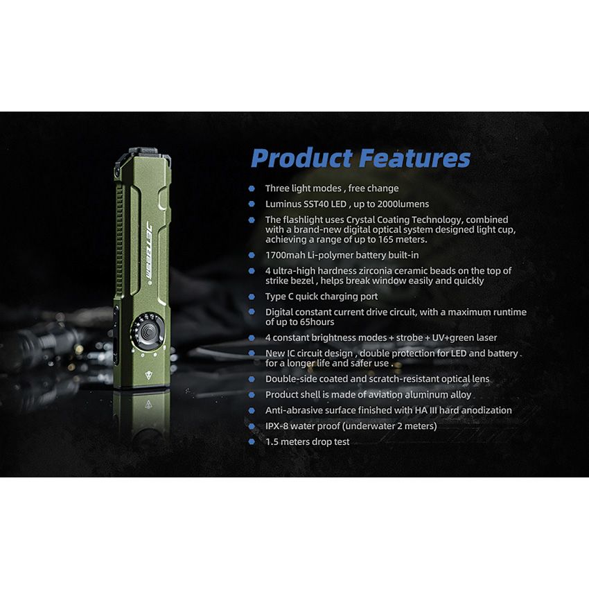 JETBeam E26 Kunai UV EDC Flashlight – 3‑in‑1 Light with White LED, UV & Green Laser