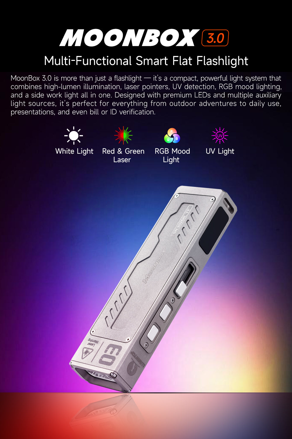 Lumintop TItanium MoonBox 3.0 Magnetic Rechargeable EDC Flashlight – Multi‑Function Light with RGB, UV & Dual Laser Pointers